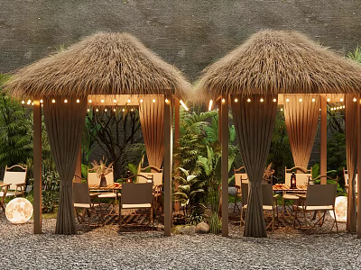 Outdoor Dining Space With Two Thatched Pavilions String Lights And Green Plants 3d model