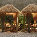 Outdoor Dining Space With Two Thatched Pavilions String Lights And Green Plants 3d model