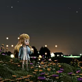 Cartoon Girl With Blonde Hair Standing In Grass Surrounded By Colorful Flowers And Glowing Lights