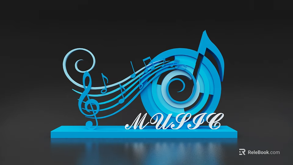 Blue Musical Decoration With Notes Treble Clef Spiral Design And Music Sign 3d model 