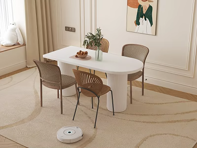 White Dining Table Set with Woven Chairs Potted Plant and Rug in Modern Dining Area with Wall Painting 3d model