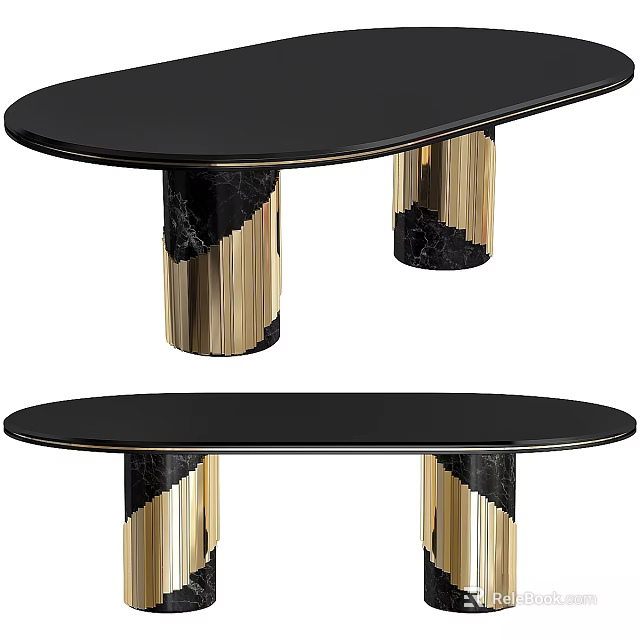 Elegant Modern Oval Dining Table With Black Tabletop And Gold Marble Legs Design 3d model