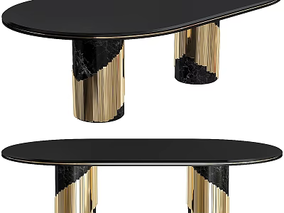 Elegant Modern Oval Dining Table With Black Tabletop And Gold Marble Legs Design 3d model