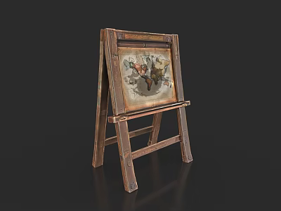 Vintage Wooden Easel Displaying Detailed Painting With Artistic Design And Frame 3d model