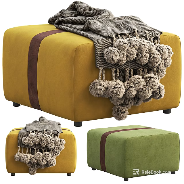Stylish Yellow and Green Ottoman with Gray Pom Pom Blanket and Brown Strap Detail 3d model 