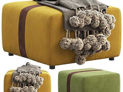 Stylish Yellow and Green Ottoman with Gray Pom Pom Blanket and Brown Strap Detail 3d model