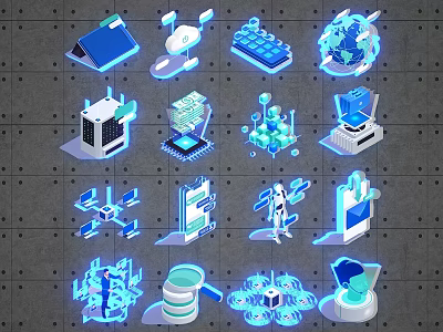 Digital Technology Icons Featuring Server Cloud Network Robot Drone And Data Elements 3d model