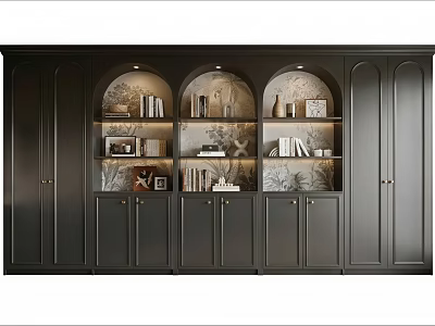 Modern Black Bookcase Featuring Arched Open Shelves Closed Cabinets With Books And Decorations 3d model