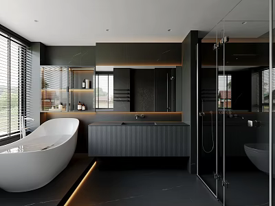 Modern Bathroom Interior Design With White Bathtub Black Vanity And Glass Shower 3d model