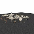 Stylish Outdoor Tents Setup With Multiple Designs Tables Chairs On Stone Pavement