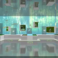 Indoor Exhibition Space Interior With Green Forest Backdrop And White Display Cubes 3d model
