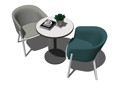 Modern Round White Table with Gray and Teal Chairs Silver Legs and Green Plant 3d model