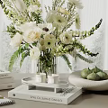 Decorative Ornament Set With White Flower Bouquet Green Fruits Books Candle Notebook And Transparent Vase