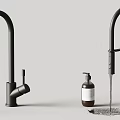 Multiple Modern Black Faucets with Water Flowing Soap Dispenser and Wooden Block