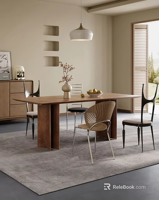 Modern Restaurant Interior Design With Wooden Dining Table Various Chairs Vase And Fruit Bowl 3d model 