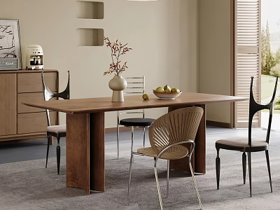 Modern Restaurant Interior Design With Wooden Dining Table Various Chairs Vase And Fruit Bowl 3d model
