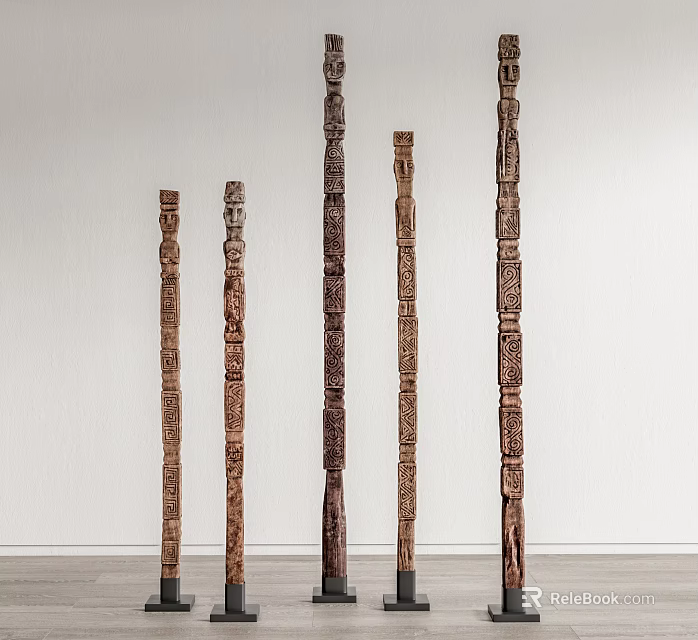 Multiple Wooden Carved Pillars With Textured Surfaces Standing Against White Wall 3d model 