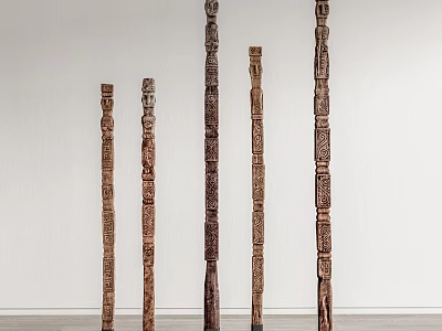 Multiple Wooden Carved Pillars With Textured Surfaces Standing Against White Wall 3d model