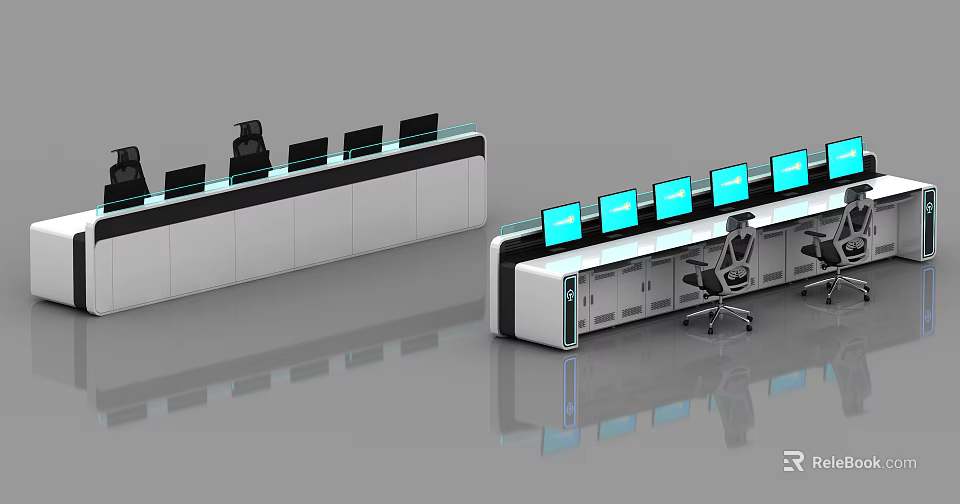 Modern Office Workstation Desks With Multiple Computer Monitors And Ergonomic Chair 3d model 