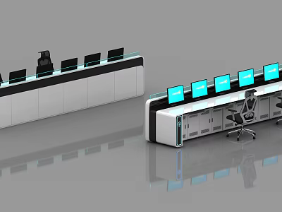 Modern Office Workstation Desks With Multiple Computer Monitors And Ergonomic Chair 3d model