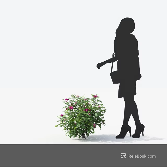 Shrub With Pink Flowers Approached by Silhouette of Woman in High Heels Carrying Bag 3d model 
