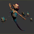 Vibrant Game and Movie Character with Pink Hair Green Body Swimming with Colorful Small Fish
