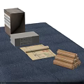 Ancient Traditional Documents Display With Stacked Bamboo Slips Old Scroll And Wooden Box