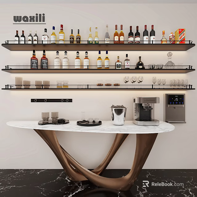 Decorative Ornament Set Bar Display With Wine Bottles Glasses Marble Countertop And Coffee Machine 3d model 