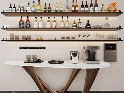 Decorative Ornament Set Bar Display With Wine Bottles Glasses Marble Countertop And Coffee Machine 3d model