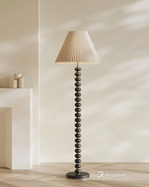 Modern Floor Lamp With Pleated Shade And Wooden Bead Column For Interior Decoration 3d model 