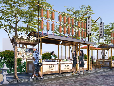 Traditional Outdoor Food Market With Bamboo Stalls Hanging Lanterns And Pedestrians 3d model