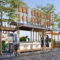 Traditional Outdoor Food Market With Bamboo Stalls Hanging Lanterns And Pedestrians