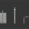 Traditional Chinese Architecture Elements with Tile Roofs Stone Pillars and Clock Tower