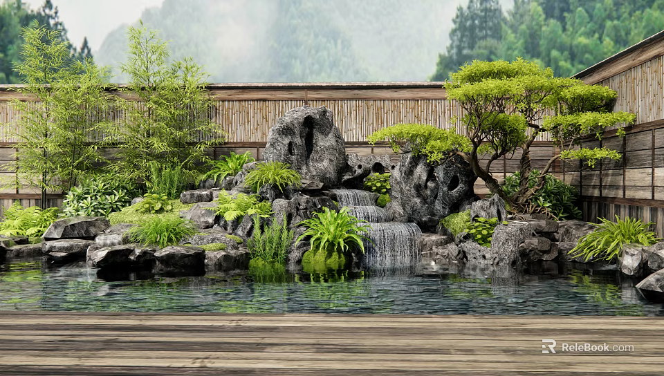 Courtyard Garden Design With Rockery Waterfall Pond Green Plants And Bamboo Fence 3d model 