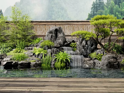Courtyard Garden Design With Rockery Waterfall Pond Green Plants And Bamboo Fence 3d model