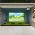 Indoor Golf Practice Room With Large Screen Green Turf And Golf Clubs Trophies On Shelves