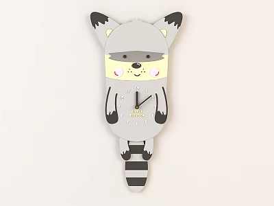 Cute Raccoon Shaped Decorative Wall Clock with Gray Body and Black Ear Details 3d model