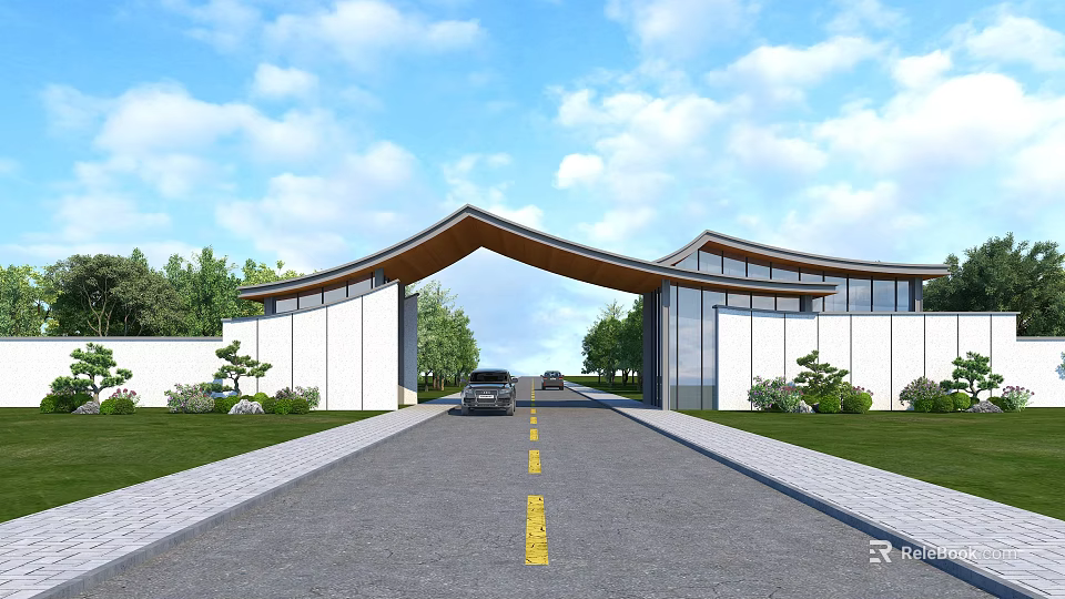 Modern Curved Roof Entrance Gate With Greenery Lawn Road Parked Car And Blue Sky 3d model 