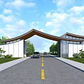 Modern Curved Roof Entrance Gate With Greenery Lawn Road Parked Car And Blue Sky