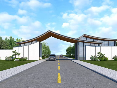 Modern Curved Roof Entrance Gate With Greenery Lawn Road Parked Car And Blue Sky 3d model