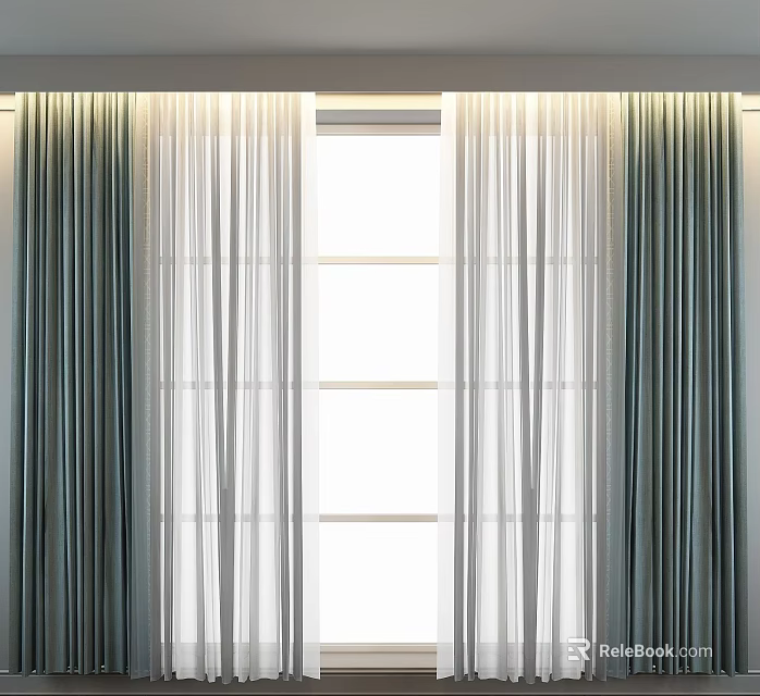 Modern Two Layer Curtains With Green Thick Panels And White Sheer For Window Light 3d model
