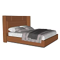 Modern Double Bed With Brown Upholstered Paneled Headboard White Sheets Gray Blanket And Pillows
