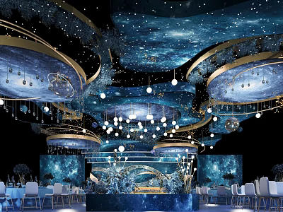 Elegant Banquet Hall With Starry Ceiling Blue Gold Decor And Hanging Lights 3d model