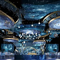 Elegant Banquet Hall With Starry Ceiling Blue Gold Decor And Hanging Lights