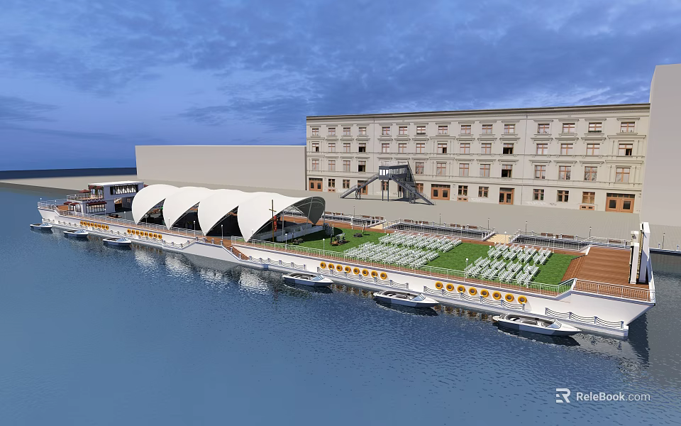 Waterfront Scenery with Large Building White Tent Structures Green Lawn Moored Boats Twilight Sky Clouds 3d model 
