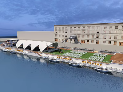Waterfront Scenery with Large Building White Tent Structures Green Lawn Moored Boats Twilight Sky Clouds 3d model