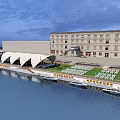Waterfront Scenery with Large Building White Tent Structures Green Lawn Moored Boats Twilight Sky Clouds
