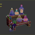 Colorful Magic Potion Bottles On Red Shelf With Labels And Small Figure