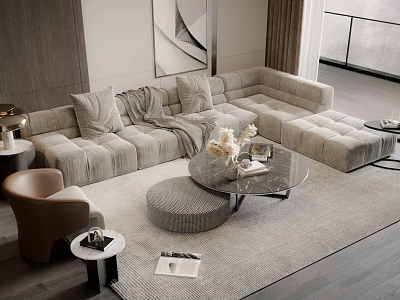 Beige L Shaped Sofa and Coffee Table Set with Cushions Throw Blanket Marble Top and Ottoman 3d model