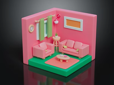 Cute Cartoon Room Scene With Pink Sofa Green Carpet Clock Curtains And Decorative Elements 3d model